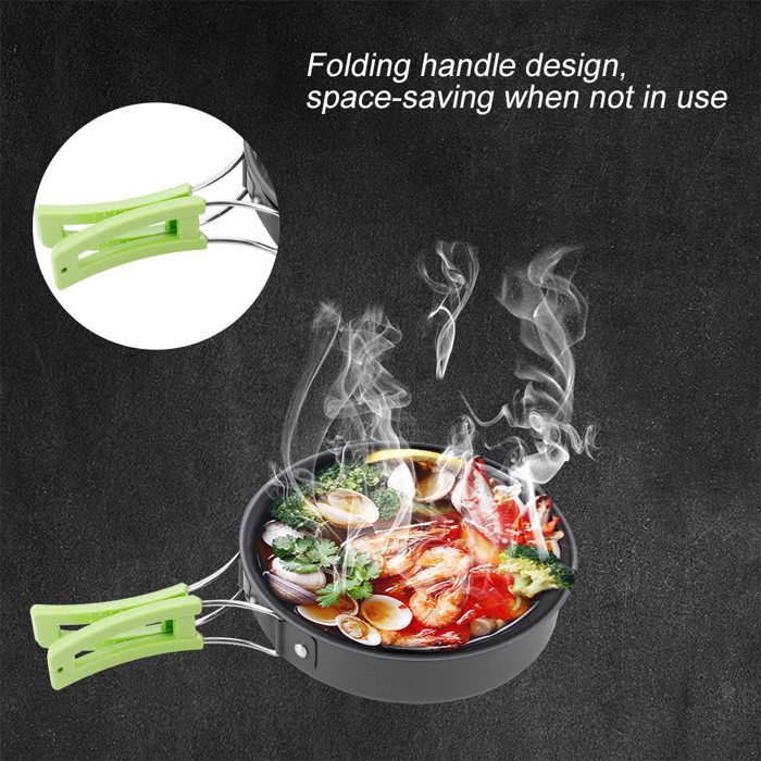 Lot de 8 ustensiles de cuisine portables pour voyage en plein air camping pique-nique marmite poêle bol (vert)