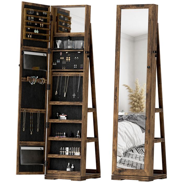 Armoire à Bijoux - HOMCOM - pivotante verrouillable boîte à bijoux avec miroir - 38x38x160cm - Brun Rustique