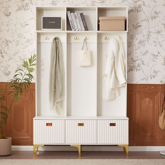 Porte-Manteau avec 6 Crochets Doubles+3 Portes 3 Etagères Vestes Chapeaux Vestiaire Meuble d’Entrée Moderne Banc à Chaussure Blanc
