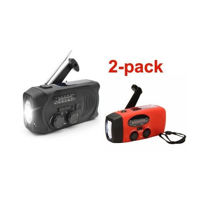 ®RisingFF Lot de 2 radios à manivelle noires et rouges avec cellules solaires lampe de poche et batterie externe de 2 000 mAh.