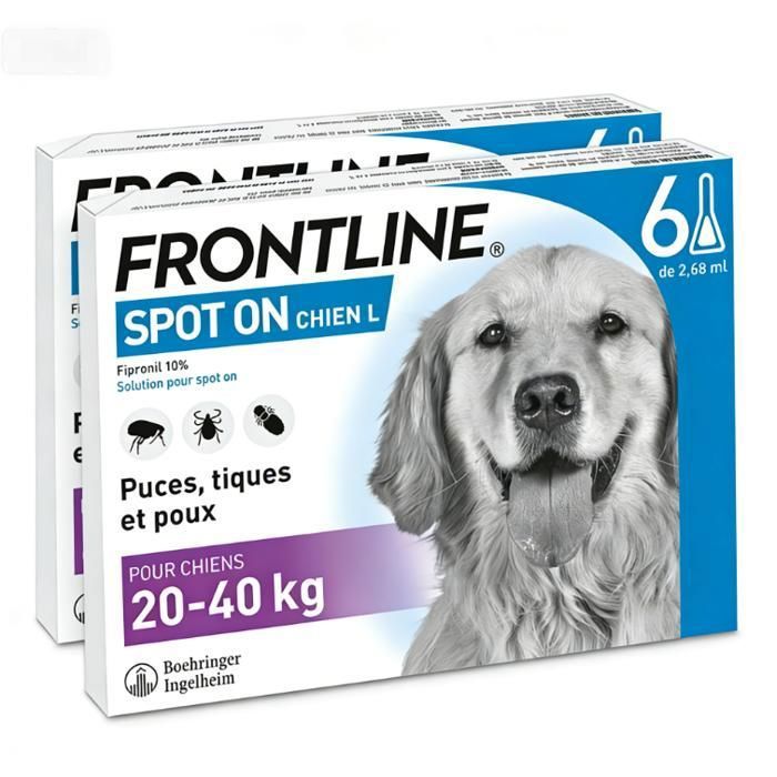 Meilleurs prix pour FRONTLINE® SPOT ON pour Chiens Moyens & Grands –6 Pipettes - Élimine rapidement puces, tiques et poux