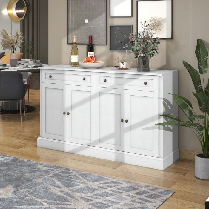 Buffet 150 x 40 x 86 cm avec 4 portes 2 tiroirs étagères réglables poignées rondes en métal - Blanc
