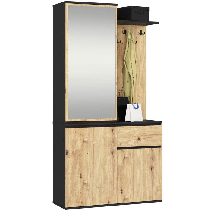 Ensemble de meubles dentrée ENTRO Noir Chêne Artisan avec armoire et miroir 95 cm 3 portes 1 tiroir 7 étagères 95x35x183 cm Ensemble de meubles dentrée ENTRO Noir Chêne Artisan avec armoire et miroir 95 cm 3 portes 1 tiroir 7 étagères 95x35x183 cm