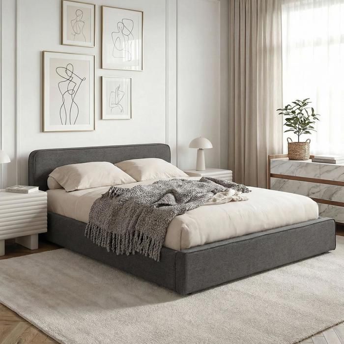Lit double BELARTI 140x190 cm rembourré Revêtement en tissu Gris foncé Lit style moderne pour 2 personnes sommier inclus