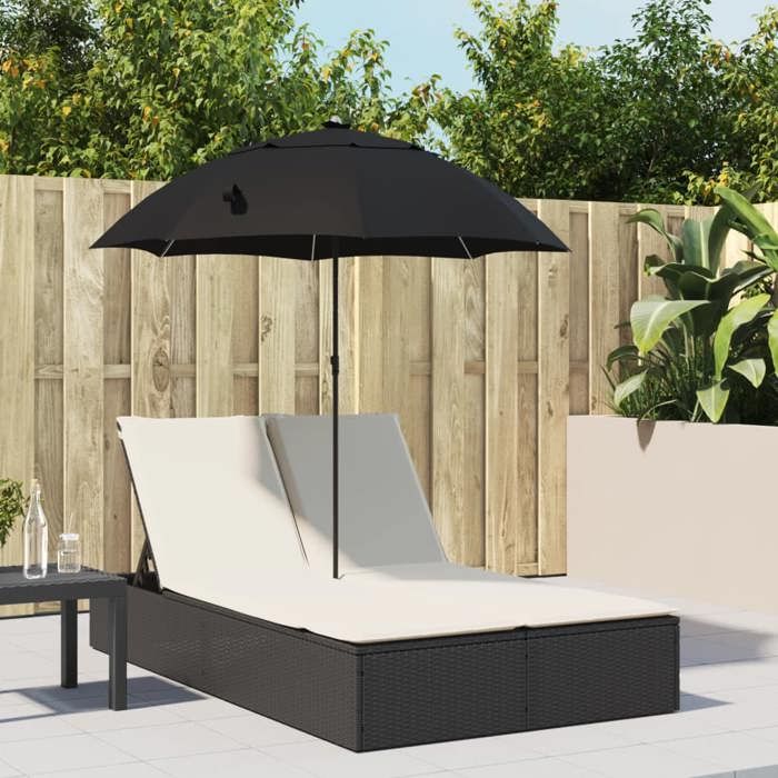35013& Bains de soleil double et coussins et parasol noir résine tressée - L200 x P164 x H176 cm - tissu 100 % polyester