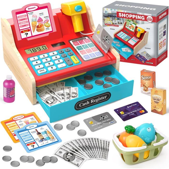 TOEY PLAY – Caisse Enregistreuse 39 Pièces Avec Scanner, Micro, Calculatrice, Son Et Lumière – Jeu De Supermarché Dès 3 Ans
