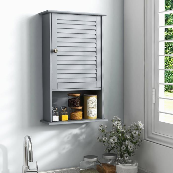 GOPLUS Armoire à Pharmacie de Salle de Bain Etagère Réglable Porte Persienne 42x17x70cm (Gris)