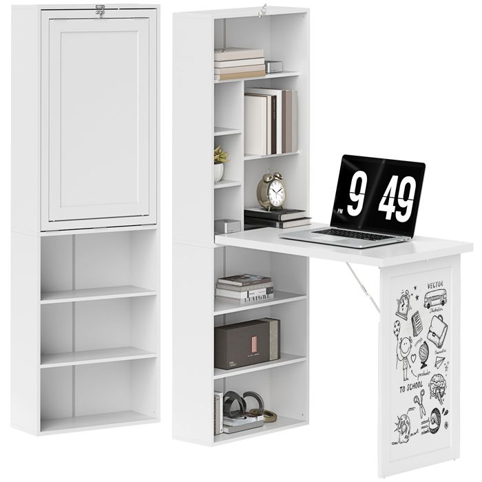 Bureau avec rangement - HOMCOM - pliable - bibliothèque poste de travail tableau blanc étagère réglable - MDF - 98x51x153cm - blanc