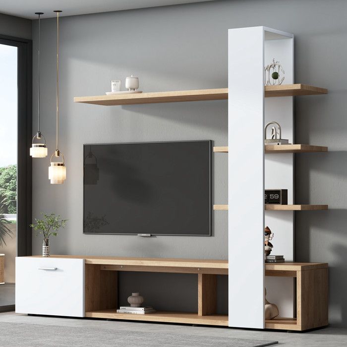 Ensemble de Meuble TV Blanc Chêne Meuble TV Moderne avec Porte et Rangements Ouverts pour Télévisions 60 Pouces 180x33.5x151.5cm