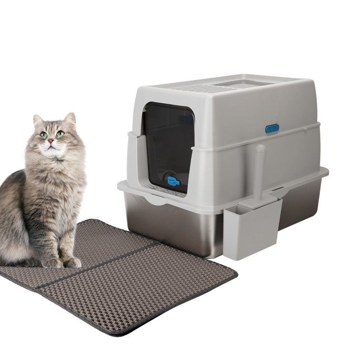 Nobleza Bac à Litière Fermée en Acier Inoxydable avec CouvercleInclus Pelle + Tapis Pour Chats