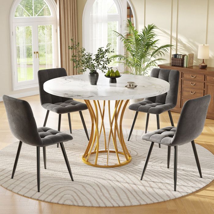 Ensemble Table à Manger 5 Pièces - Ronde 80 cm - Marbre Blanc - 4 Chaises Velours Gris - Pieds Métal Or