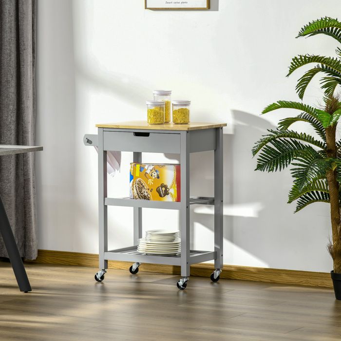 Desserte de service chariot de cuisine à roulettes avec plan de travail en bois hévéa - 2 étagères 1 tiroir et 1 porte-torchon