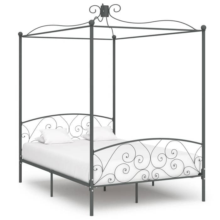 Lit à baldaquin en métal - UU - 140x200 cm - Gris métal - Structure robuste - Hauteur 28 cm - Design classique