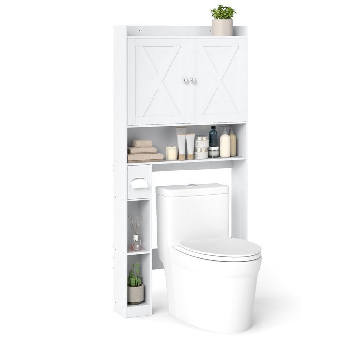 COSTWAY Meuble WC Au-Dessus Toilettes Blanc - Rangement 2 Compartiments Ouverts + 2 Placards 4 Étagères Réglables, Anti-Basculement