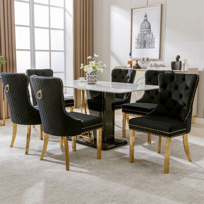 Chaises Salle à Manger - Lot de 6 Chaises - Chaise de cuisine - Assise Épaisse - Pieds en Métal doré - Velours - Noir