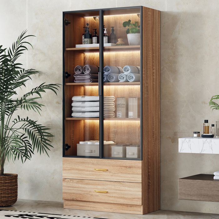 Meuble de Rangement avec Vitrine Moderne - avec Éclairage LED Portes Vitrées 2 Tiroirs et 2 Portes - Couleur Bois Naturel Meuble de Rangement avec Vitrine Moderne - avec Éclairage LED Portes Vitrées 2 Tiroirs et 2 Portes - Couleur Bois Naturel