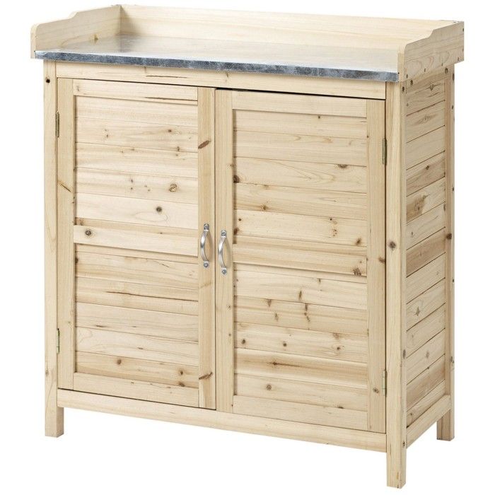 Coffre De Jardin En Bois Naturel 83x40x92cm Armoire De Rangement Avec 2 Etagères Et Surface Table De Plantation Meuble Exterieur Bas