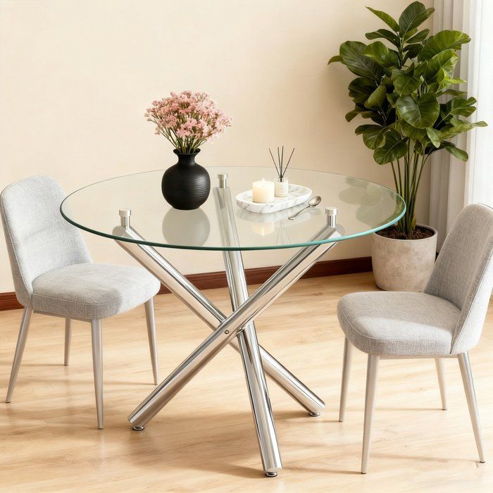 Table à manger ronde verre trempé pieds en métal compacte Maisentiel