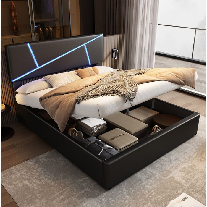 Lit coffre 140x200 cm Lit adulte avec LED coffre de rangement relevable hydraulique sommier à lattes PU noir