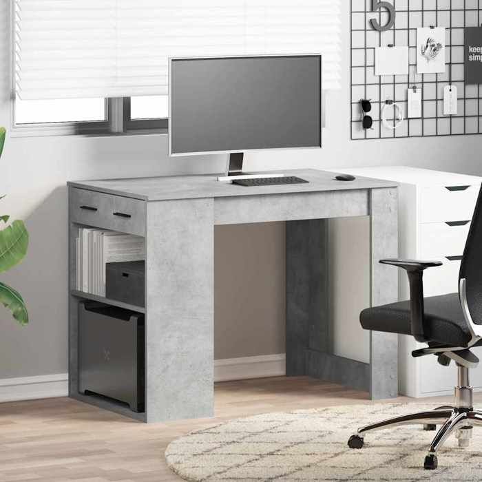 Table de travail - Gris - Bureau 1 place - avec tiroir et étagère gris béton bois dingénierie 102x62x77.5 cm T11216
