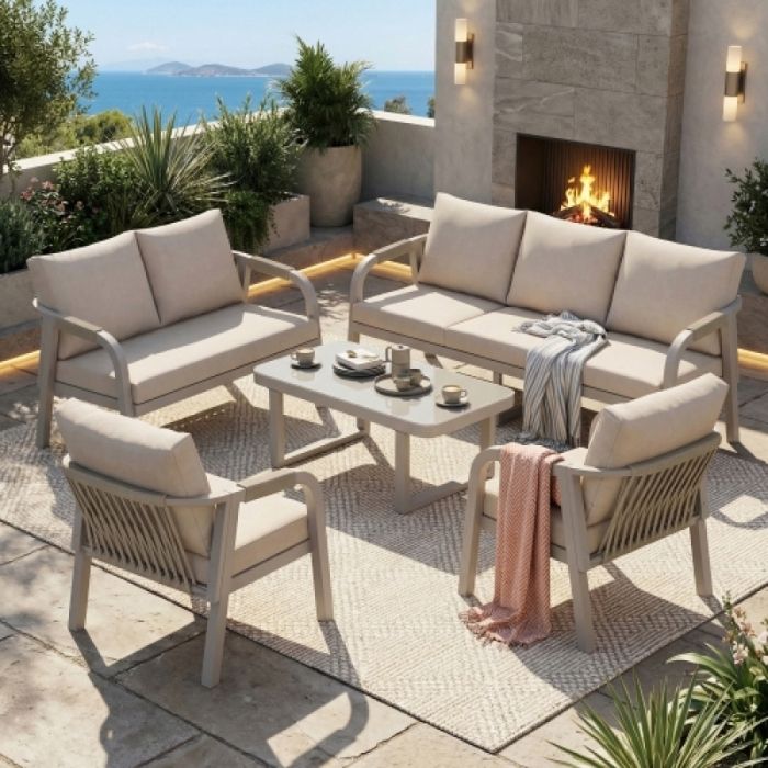 Mobilier de jardin ensemble lounge pour 7 personnes canapé 3 places banquette 2 places 2 fauteuils et 1 table basse avec