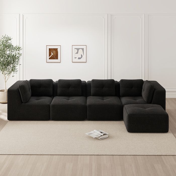 Canapé modulable 4 places d angle en velours côtelé noir assise profonde 74 cm sans montage