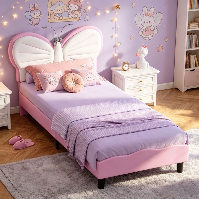 Lit enfant 90x190 cmlit simplelit fillelit adolescentLEDtête papillon réglablelampe lecturesommier lattesveloursrose