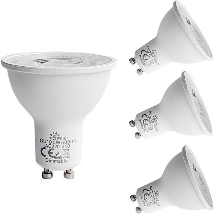 Dimmable Ampoule LED GU10 5W Équivalent à 50W Lampe Halogène Blanc Froid 6000 Kelvin 430 Lumens AC 220-240V Lampe LED Spot 4pc