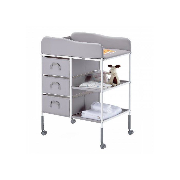 Table à Langer Portable Plan à Langer avec 3 Tiroirs en Tissu et Roulettes Verrouillables Meuble pour Bébés Multifonctionnel