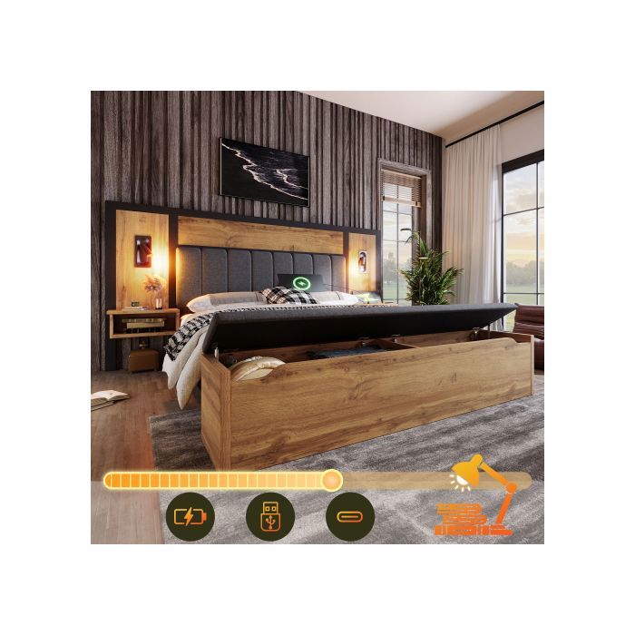 Lit coffre 160x200 cm avec lampe de lecture et port USB-C table de chevet et banc lit avec sommier à lattes en métal lin chêne
