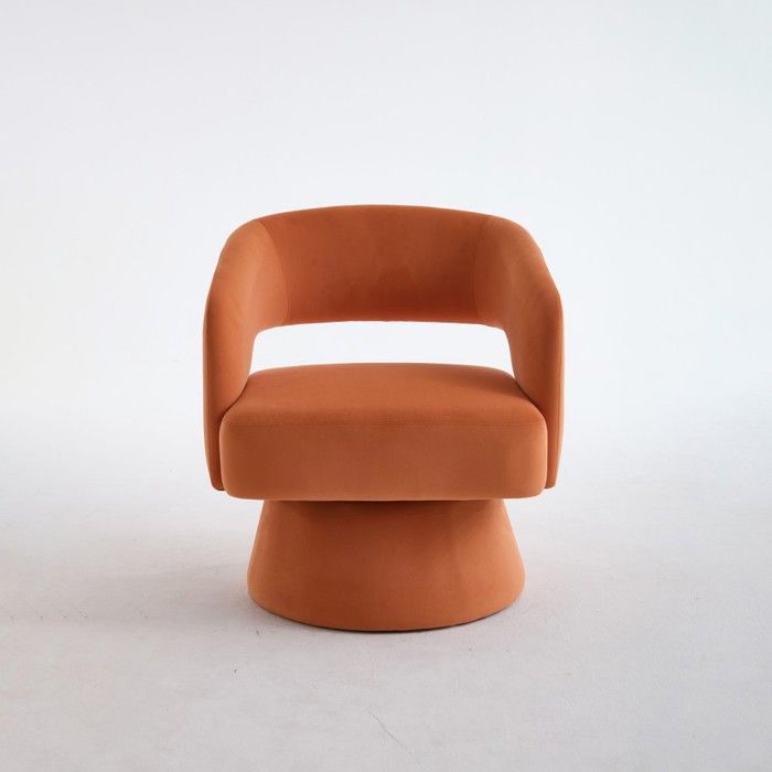 Fauteuil pivotant 360° velours orange 66x68x75cm tonneau dossier ajouré mousse base métal salon chambre bureau