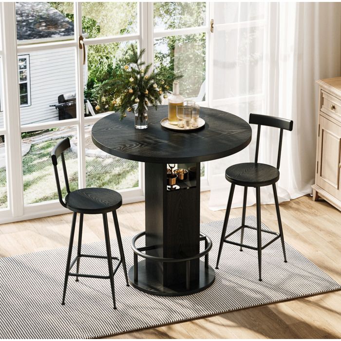 COVREO Ensemble table de bar 3 pièces ronde 80 cm avec 2 tabourets rangement intégré noir