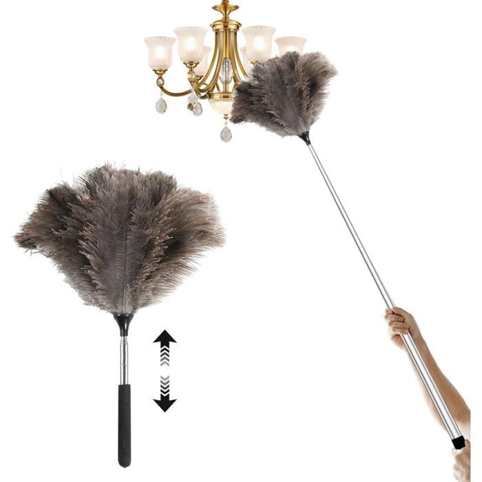 Plumeau télescopique Extensible en Plumes d’Autruche – Nettoyez Facilement plafonds Hauts et placards (115 cm)