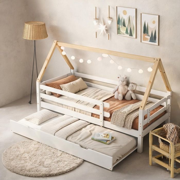 Lit cabane enfant 90x200 cm avec lit gigogne pin massif FSC - Blanc et naturel