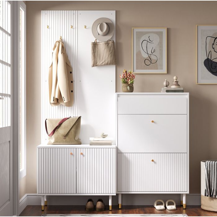 HOMVRA Ensemble vestiaire d’entrée blanc avec meuble à chaussures étroit armoire 2 portes 6 crochets MDF et PB