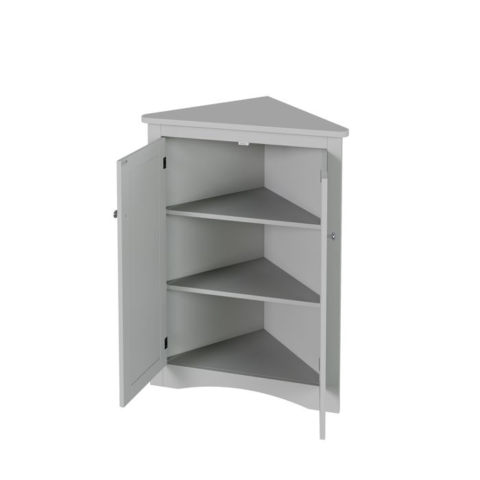 Meuble dAngle Bas Gris pour Salle de Bain et Séjour - Buffet dAngle Triangle avec 2 Portes et 3 Niveaux - en Bois MDF Laqué