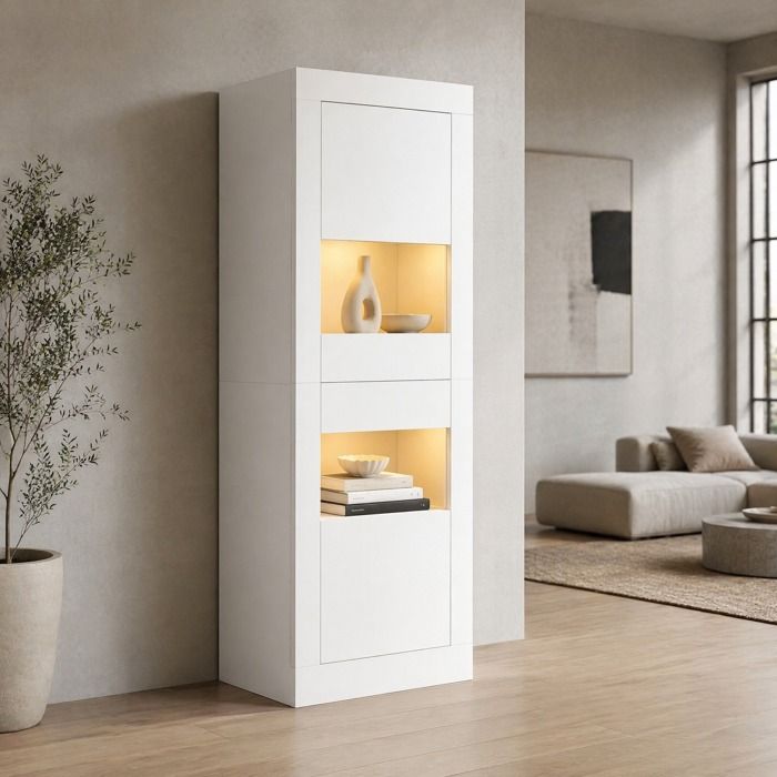Vitrine avec 2 Portes et 3 Étagères LED à Poser au Sol pour Salon et Salle à Manger 61×42×162 cm Blanche