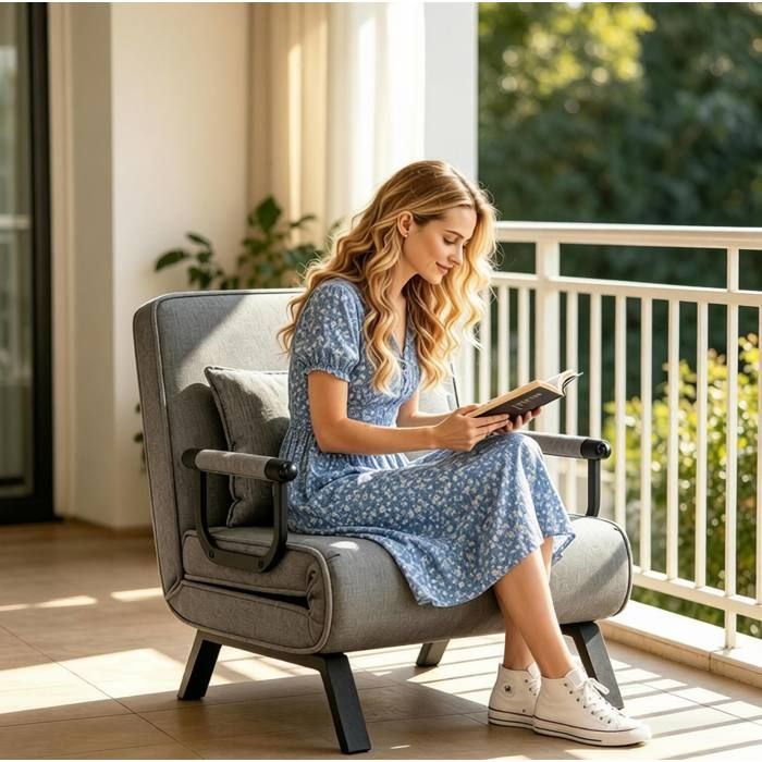 Chaise convertible 3-en-1 gris foncé en tissu et métal dossier réglable 5 positions 190 x 74 cm