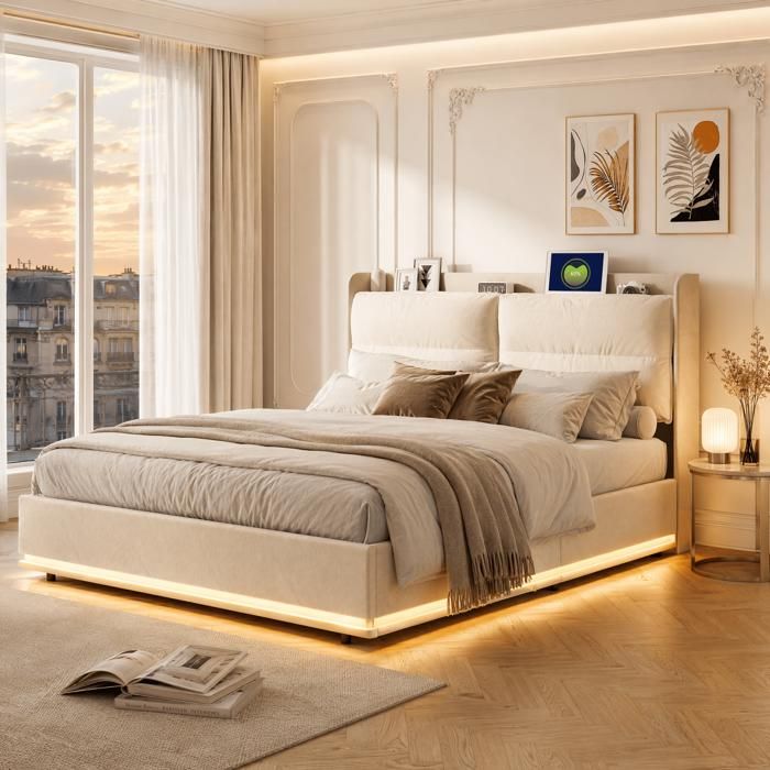 Lit double 140x200 avec rangement Lit coffre avec LED dambiance réglable Lit capitonné avec USB et sommier à lattes Beige lin