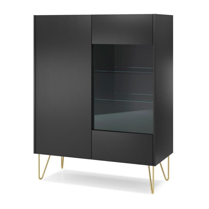 Vitrine - 3XE LIVING - 97 x 122 x 37 cm - 2 portes - 5 étagères - Graphite noir / Marbre noir