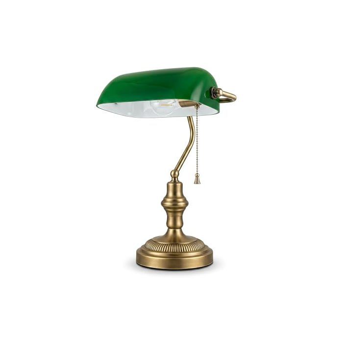 Lampe à poser - B·LED BARCELONA LED - Lampe Banquier Vintage - Abat-jour verre vert - Culot E27 - Base laiton vieilli
