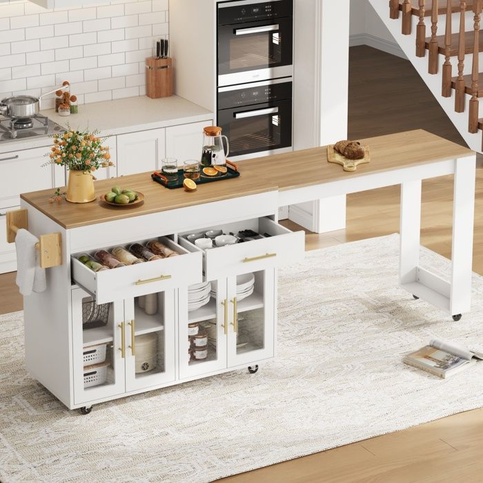 Zitty Îlot de Cuisine Mobile avec Table de Bar Extensible Desserte à Roulettes MDF Blanc 132 5-217x50x93 cm