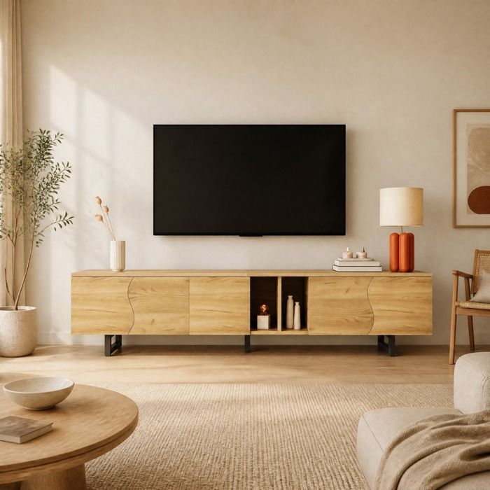 Meuble TV 191 cm 5 portes en bois naturel MDF et panneaux de particules étagères ouvertes structure métal FOLYNA
