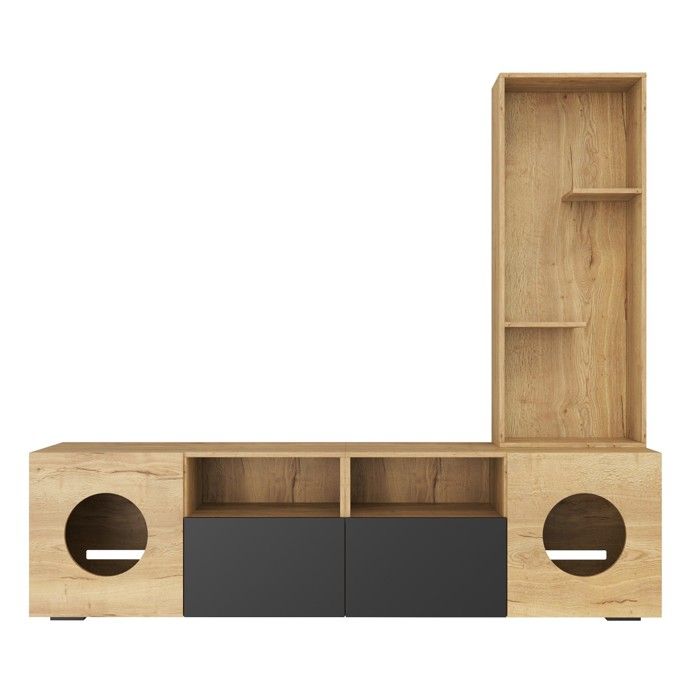 Meuble TV avec étagère haute et niches pour chat – Noir et bois naturel – 185 cm