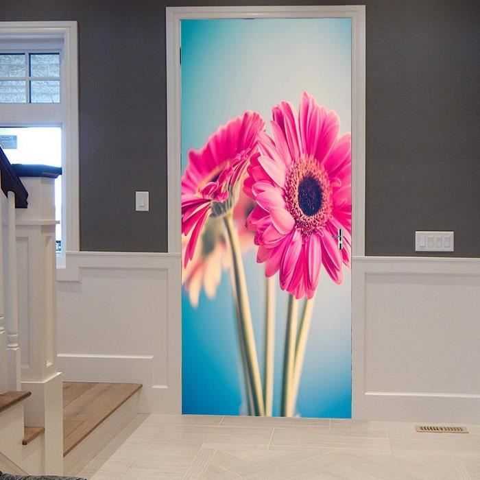 Autocollant Mural Porte 90x200cm - Motif Fleurs Roses Aquarelle 3D - Vinyle Amovible, Imperméable - Pour Surfaces Lisses