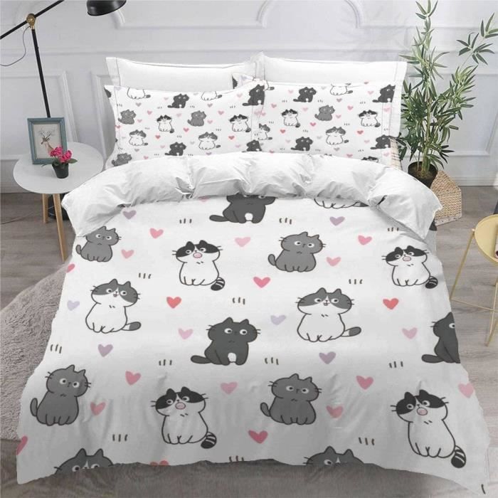 Housse De Couette 3 Pièces 140x200 Cm Enfant - Motif Chat Et Chien 3D, Microfibre Douce, 2 Taies 65x65 Cm