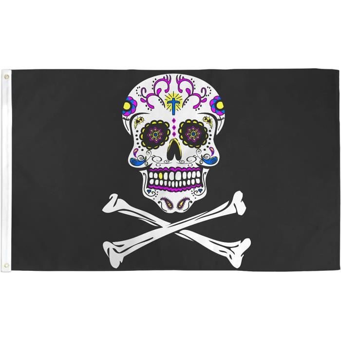 DRAPEAU PIRATE MAQUILLÉ 150x90cm - DRAPEAU CORSAIRE TÊTE DE