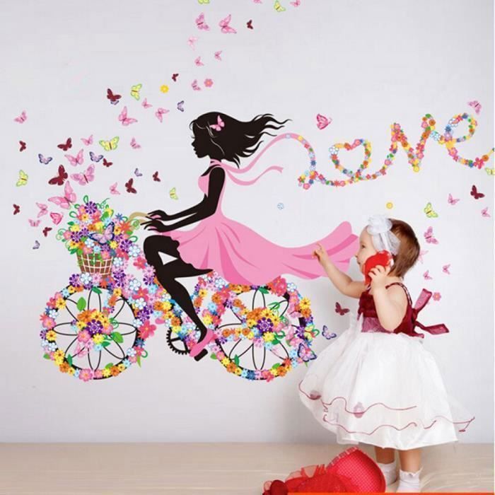 Sticker mural Fleurs mode fille avec un coeur de papillons 