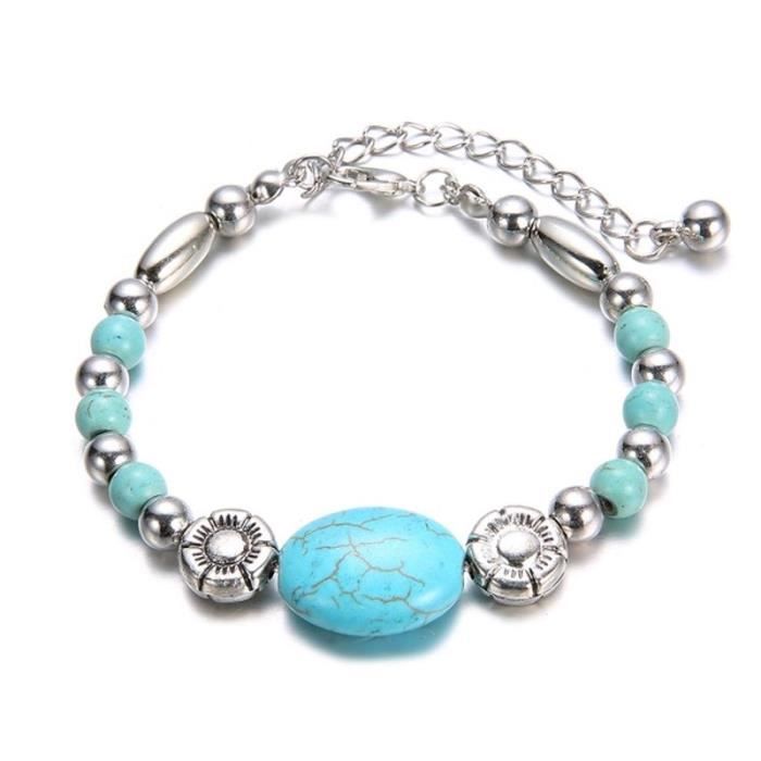 Bracelet Breloques Ancien Plaqué Or Et Turquoise - Perles Haute Couture - Occasion
