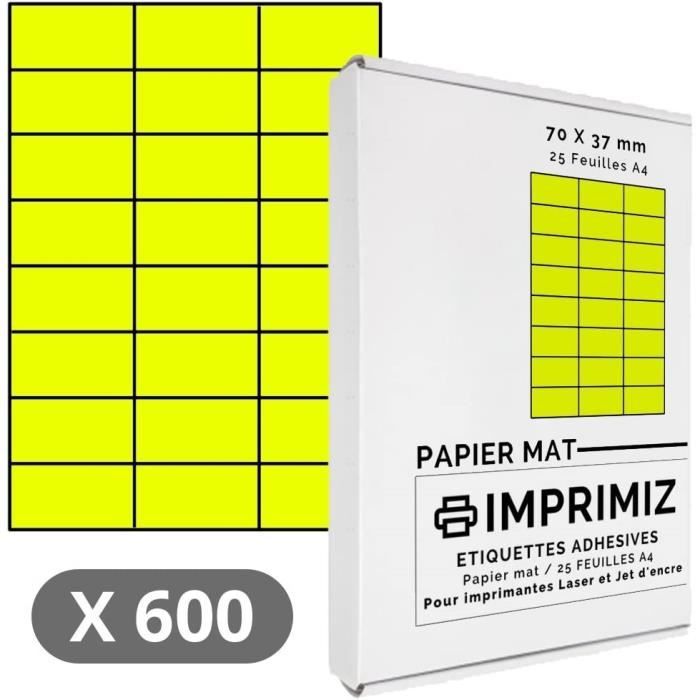 600 Étiquettes Autocollantes Jaune Fluorescent 70x37mm - 25 Feuilles A4 - Pour Laser Et Jet D'Encre